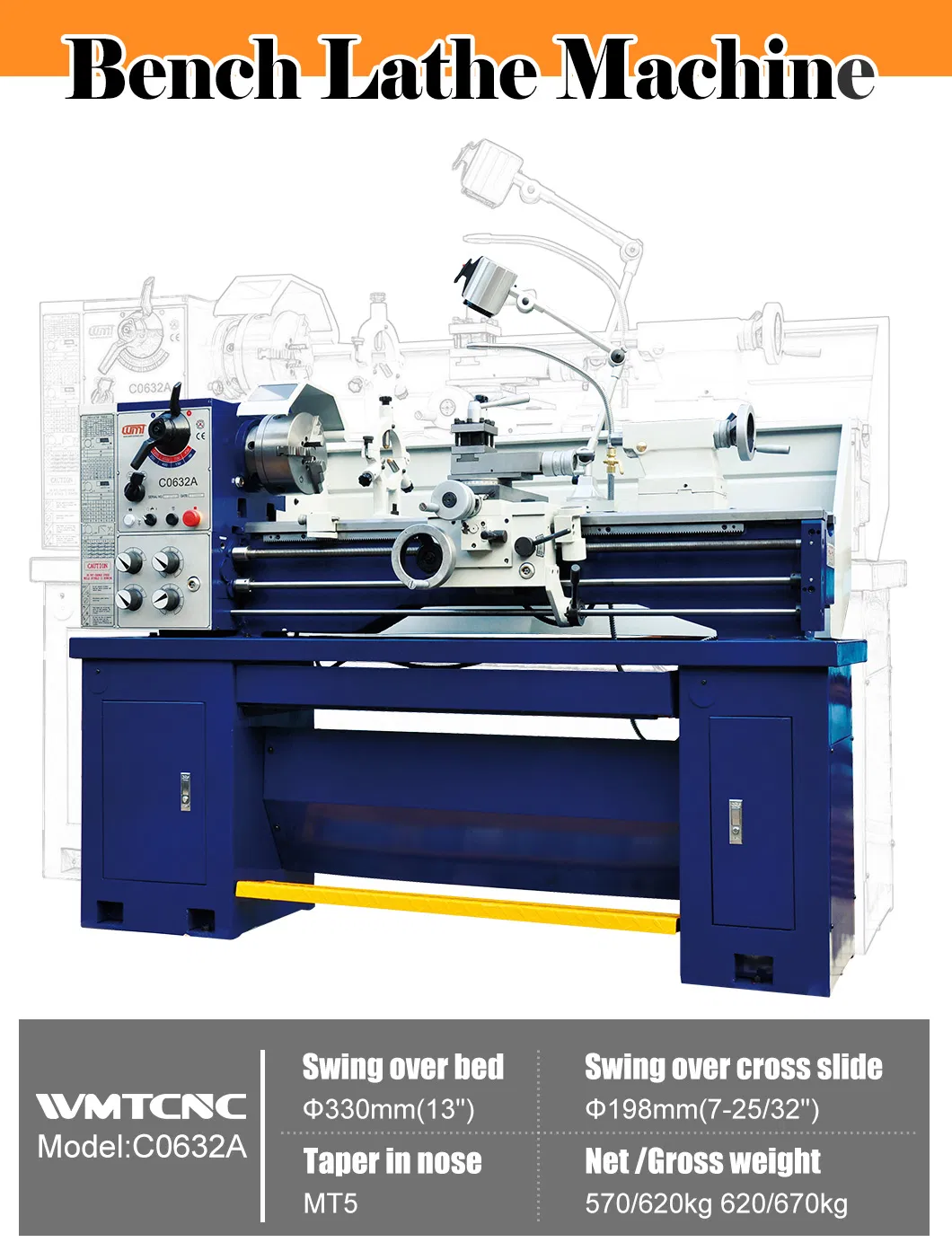 1000mm C0632A Hardened Bench Lathe Machine for Metal Cutting