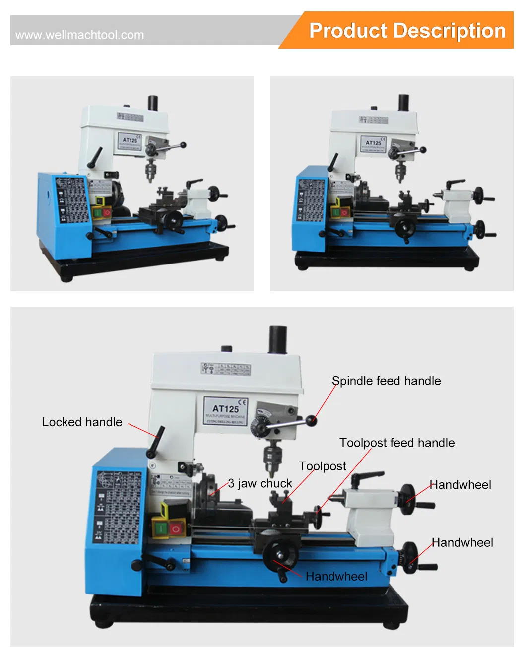 AT125 3 in 1 metal-cutting combo hobby lathe machine With CE Standard