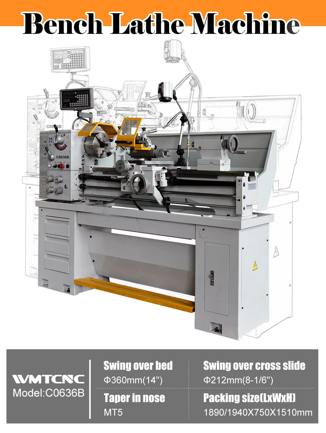 Manual metal bench lathe machine C0636B with high precision