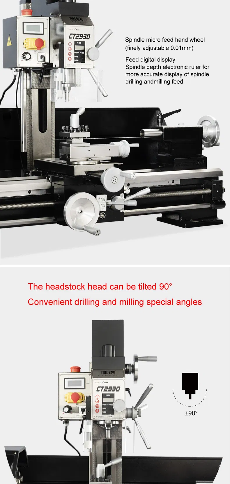 Mill Drill Combo Machine CT2930 Combination Mini Metal 3 in 1 Lathe Milling Combo Machine